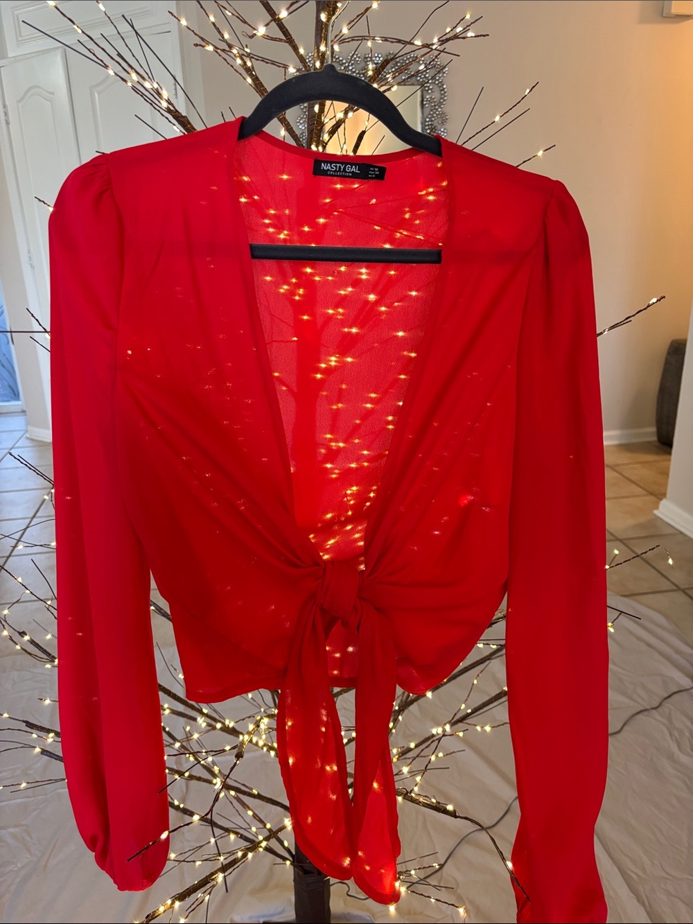 Nasty Gal Red Tie-Front Long-Sleeve Top